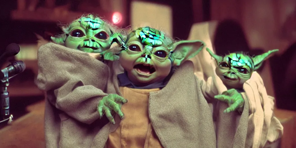 Prompt: baby yoda sings karaoke, rgb ambient lighting, dramatic lighting, style of mandalorian, rougue one, space oddessy 2 0 0 1