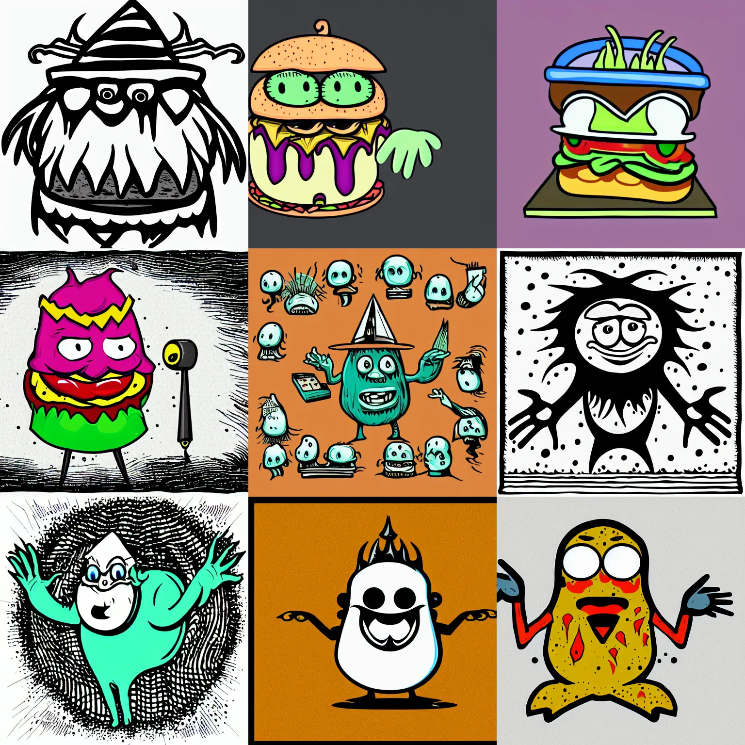 Prompt: weird wizard 🍔 monster in a hand-drawn vector, svg, cult-classic-comic-style