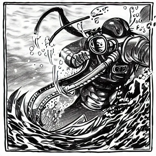Image similar to old drawing of a scuba diver fighting against a kraken underwater, under water scenery, dramatic lighting, intense, epic, drawing