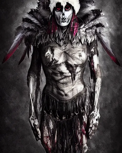 Image similar to wolf - human hybrid mutant ghost - spirit of the grim - warpaint wears the scarlet skull armor and native blood headdress feathers, midnight fog - mist!, dark oil painting colors, realism, cinematic lighting, various refining methods, micro macro autofocus, ultra definition, award winning photo, photograph by ghostwave - gammell - giger - shadowlord