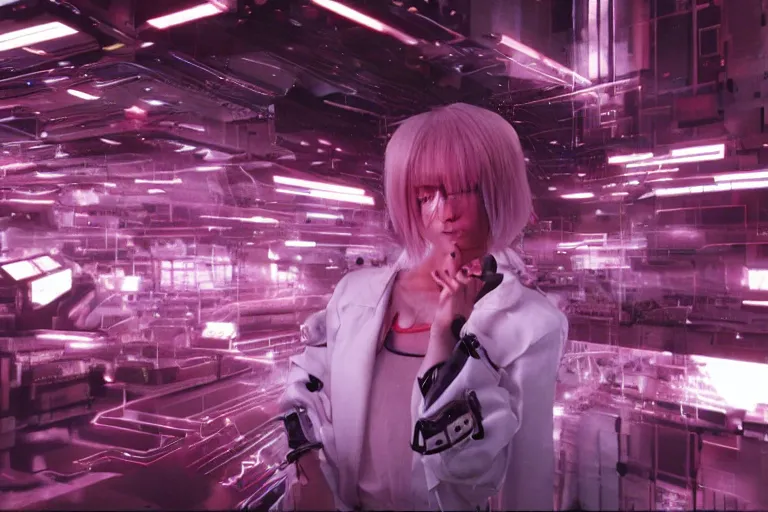 Image similar to cyborg - chika fujiwara in cyberspace, in 2 0 5 5, y 2 k cybercore, industrial low - light photography, still from a ridley scott movie