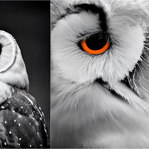 Prompt: symmetry!! portrait photograph shot on petzval lens of an extremely pretty!!! young blonde female with symmetric face. with a very detailed barn owl!!!!! on her shoulder. in iceland. shallow depth of field. featured on flickr, art photography,