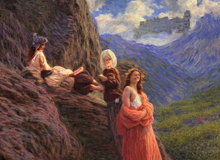 Prompt: people exterior future mountain figures, in the style of matt murphy, enes dirig, jeremy enecio, intricate, miles johnston, monet, cynical realism, john william godward, painterly, yoshitaka amano, miles johnston, louise zhang, matt murphy, enes dirig, pekka halonen, finnish naturalism, realism