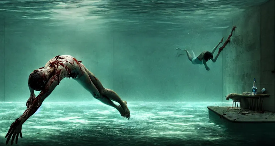 Image similar to highly detailed full body portrait of a zombie swimming underwater in a zombie - apocalypse, in a swimming pool, by greg rutkowski, octane render