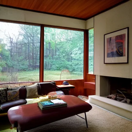 Prompt: mid century living room sunken into the ground, fireplace, big windows, frank lloyd wright