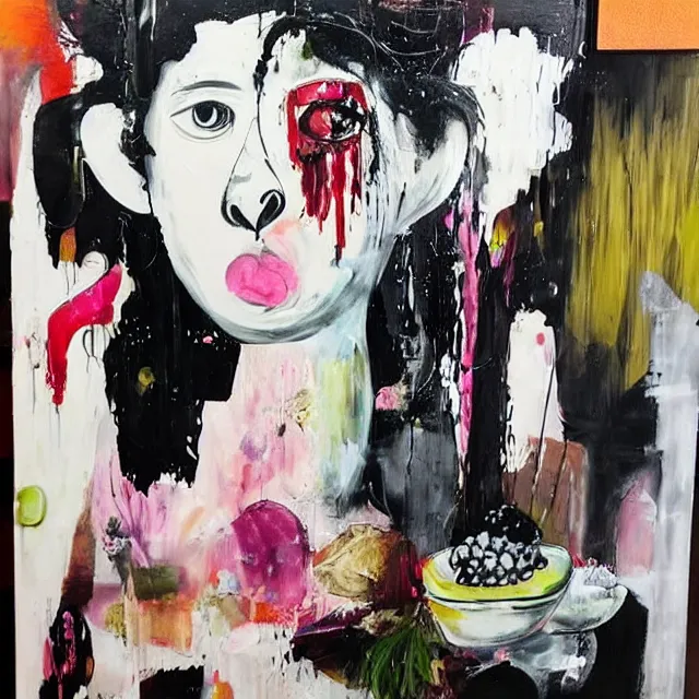 Image similar to “ a portrait in a female art student ’ s apartment, sensual, a pig theme, art supplies, paint tubes, ikebana, herbs, a candle dripping white wax, black walls, squashed berries, berry juice drips, acrylic and spray paint and oilstick on canvas, surrealism, neoexpressionism ”