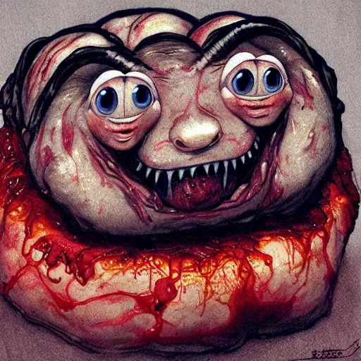 Image similar to insane crazy bloody red skrimp big chungus big eyes wide open, horrific sentient meatloaf, holding meatloaf, sloppy, gross, meatloaf, hyper realistic, terrifying, disturbing, strange, bizarre, masterpiece, meatloaf is everywhere,, liquid, 4 k, vivid colors, elegant, john park, frazetta, john howe, ruan jia, jeffrey catherine jones