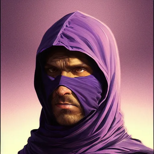 Image similar to ultra realistic illustration, man in a black hood, in a striped purple balaclava, mysterious, highly detailed, digital painting, artstation, concept art, smooth, sharp focus, illustration, art by artgerm and greg rutkowski and alphonse mucha