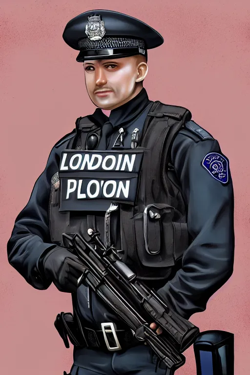 Image similar to london police officer heroically posing, highly detailed, digital art, sharp focus, trending on art station