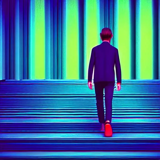 Image similar to photo - realistic, painting of a man walking alone in the boulevard of psychedelic dreams, trippy stairs in the background, hyper detail, sharp, in the style of beeple, mobeius, rule of thirds, unreal engine