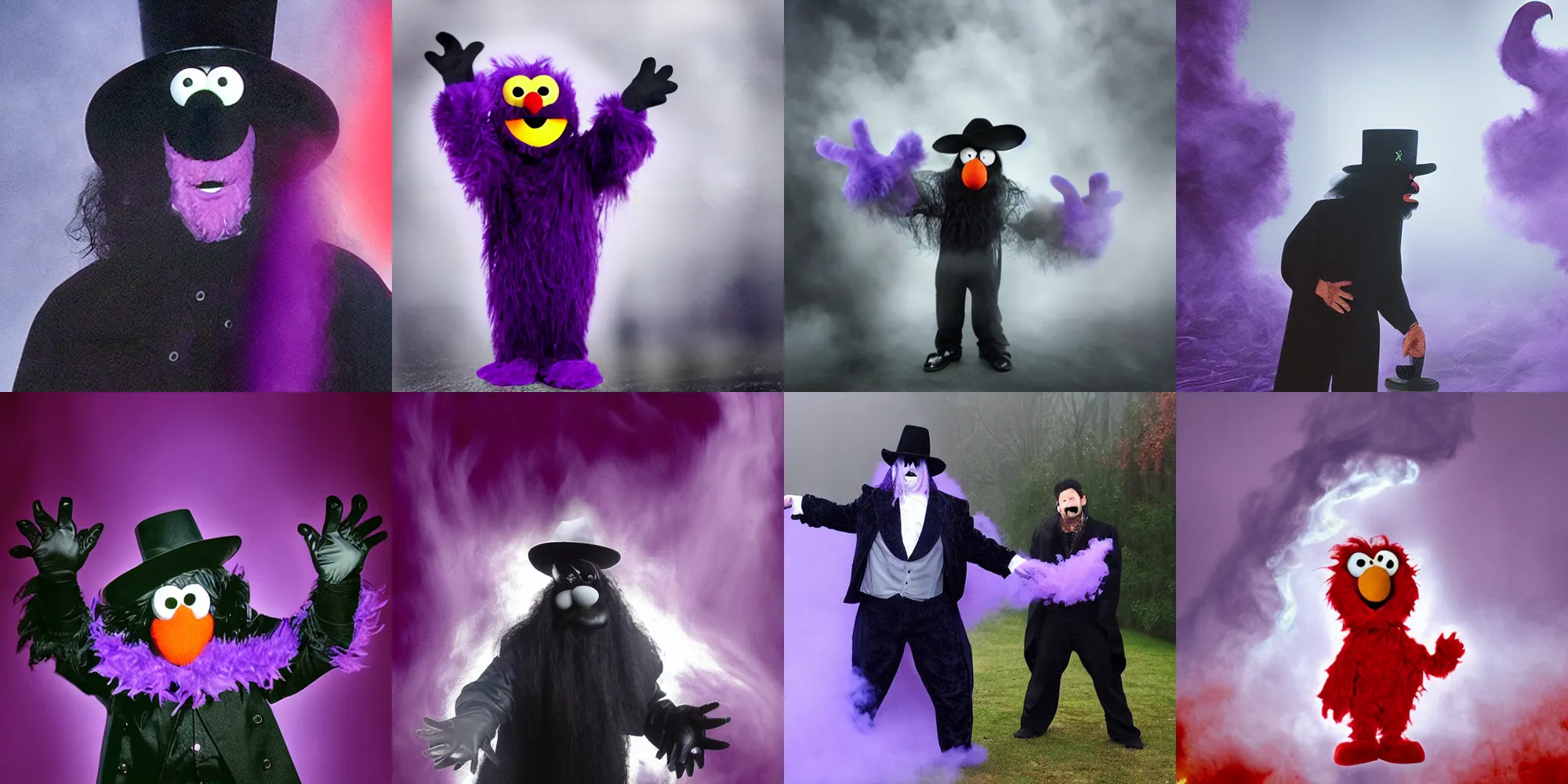 Prompt: Elmo dressed as The Undertaker, detailed, hyper realistic, billowing purple fog, atmospheric