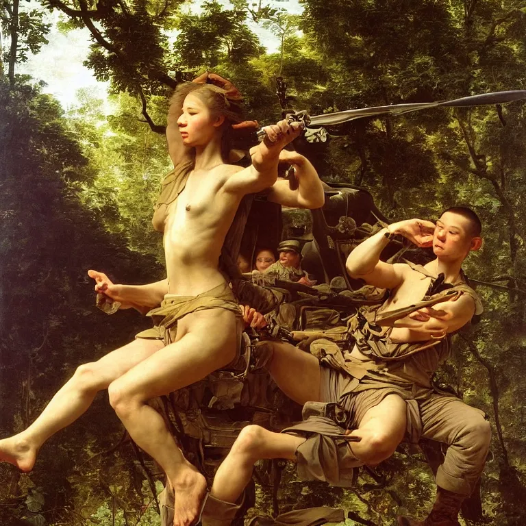 Image similar to portrait of a us soldier, vietnam war, majestic, posing into flying helicopter, above jungle, fine art portrait painting, strong light, clair obscur, by caravaggio, by diego velazquez, by jean honore fragonard, by peter paul rubbens, by bouguereau