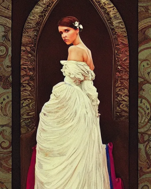 Prompt: a painting of a girl resembling alicia vikander or millie bobby brown in a wedding dress, highly detailed, intricate, artstation, by alphonse mucha