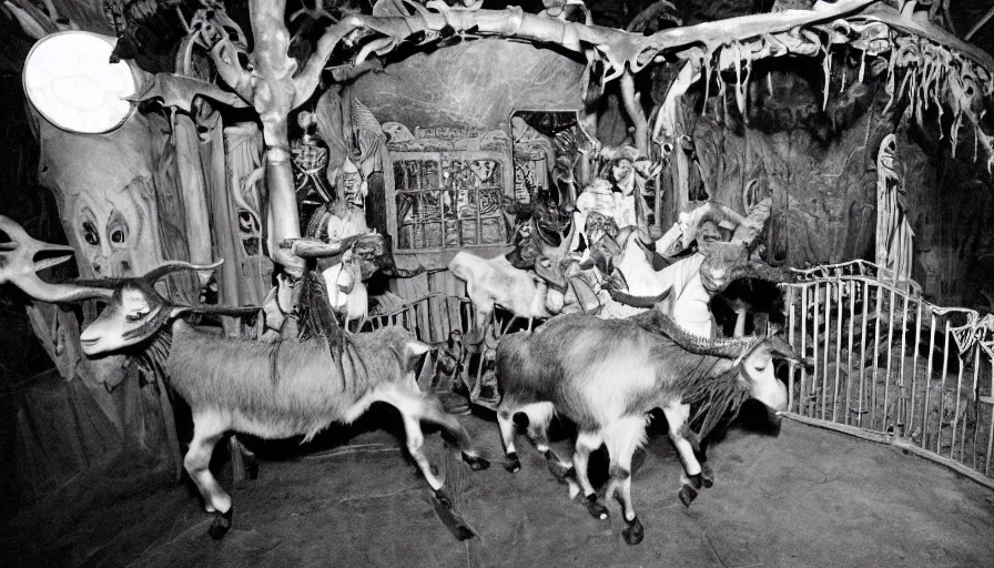 Prompt: 1990s photo of inside the Magic goats haunted house ride at Disney World in Orlando, Florida, children riding on robotic goats through a haunted house, cinematic, UHD