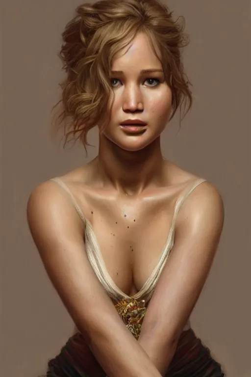 Image similar to painting of jennifer lawrence,, ultra realistic, sharp details, subsurface scattering, intricate details, warm lighting, beautiful features, highly detailed, photorealistic, octane render, 8 k, unreal engine, art by artgerm and greg rutkowski and alphonse mucha