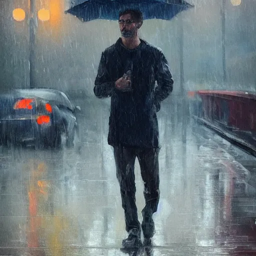 Image similar to a beautiful toned man in the rain, aesthetic, oil painting, pale colors, high detail, 8 k, wide angle, trending on artstation,