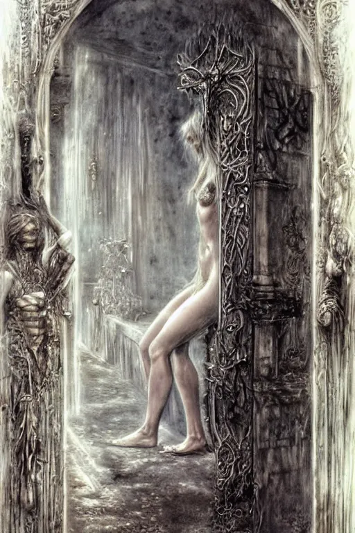 Image similar to the great door of heaven, intrincate details, flesh and blood, painted by luis royo