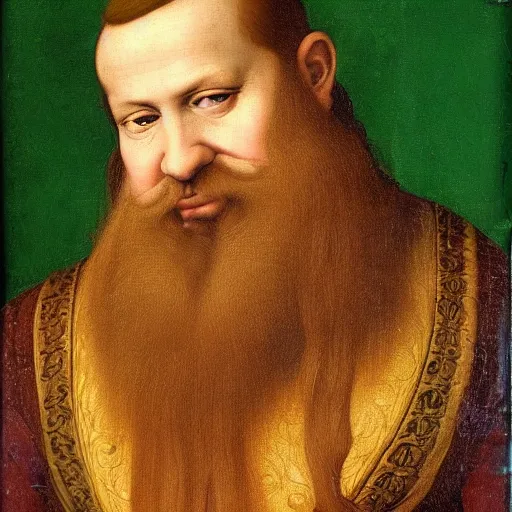 Image similar to detailed renaissance portrait painting of gentleman dwarf with green wearing brown tuxedo