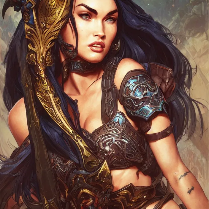 Image similar to megan fox in world of warcraft by artgerm, greg rutkowski, alphonse mucha