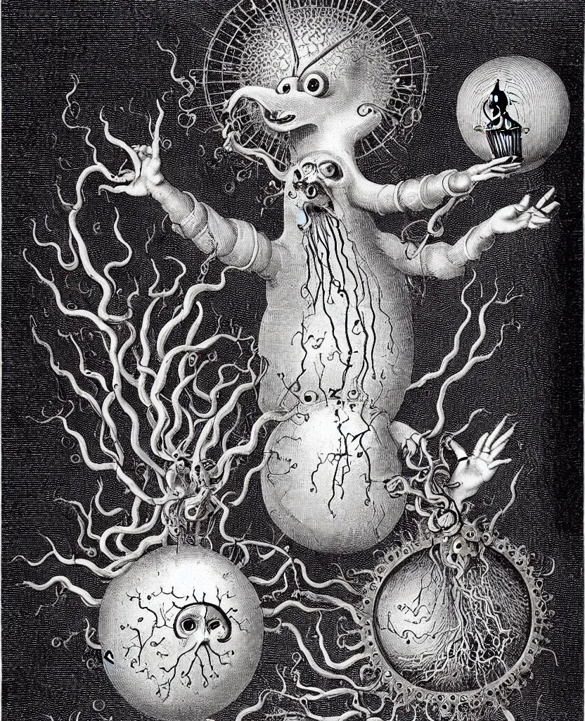 Image similar to whimsical freaky creature sings a unique canto about'as above so below'being ignited by the spirit of haeckel and robert fludd, breakthrough is iminent, glory be to the magic within