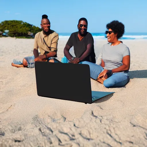 Image similar to group of black people working with macbook sitting on the beach sand, photorealism, ultra detailed, dynamic light