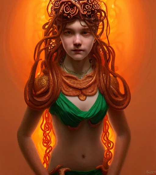 Prompt: portrait of teenage medusa, snake hair, naughty smile, wearing an embroidered orange tunic, intricate, elegant, copper and emerald jewelry, glowing lights, highly detailed, digital painting, artstation, concept art, smooth, sharp focus, illustration, art by wlop, mucha, artgerm, and greg rutkowski