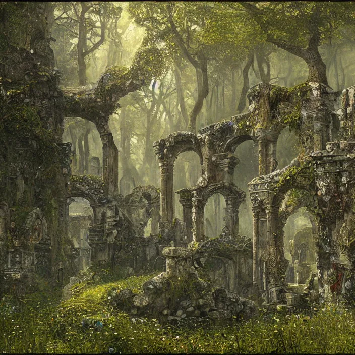 Prompt: ancient overgrown! ruins, medieval gates, runestones, mysetrious etherial mesmerizing runic!!, eyes, magical elven geometry, concept art by gustav klimt!, deviantart contest winner, environmental art, high detail, greg rutkowski