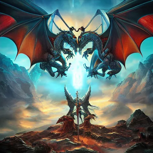 Prompt: power metal album cover, dragons, magix, swords, fantasy epic legends game icon stylized digital illustration radiating a glowing aura global illumination ray tracing hdr fanart arstation by ian pesty and katarzyna da „ bek - chmiel