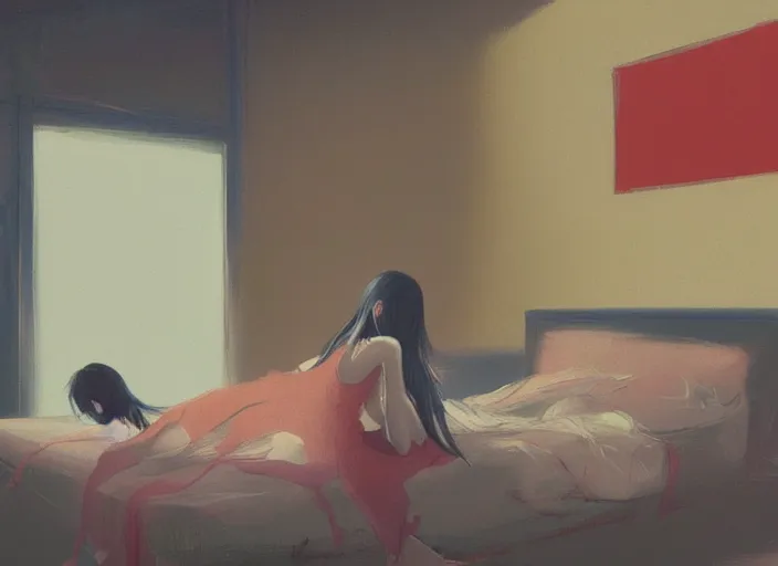 Image similar to famous japanese actress girl seeing the shadow of her desires on the bed of abandoned nightmare house with a light from a window creating dreams, style of James Jean, Edward Hopper, Francis Bacon, colors of Mark Rothko, Frank Auerbach, trending on artstation, Greg Rutkowski, dark atmosphere