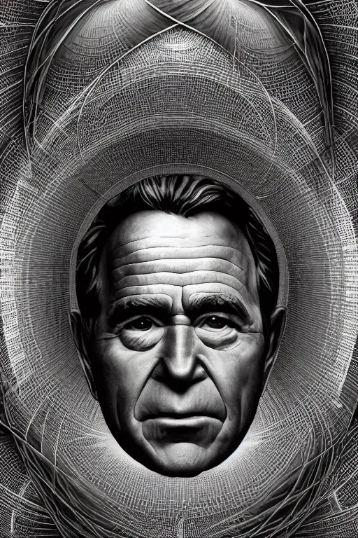 Prompt: cinematic portrait George Bush. Centered, uncut, unzoom, symmetry. charachter illustration. Dmt entity manifestation. Surreal render, ultra realistic, zenith view. Made by hakan hisim feat cameron gray and alex grey. Polished. Inspired by patricio clarey, heidi taillefer scifi painter glenn brown. Slightly Decorated with Sacred geometry and fractals. Extremely ornated. artstation, cgsociety, unreal engine, ray tracing, detailed illustration, hd, 4k, digital art, overdetailed art. Intricate omnious visionary concept art, shamanic arts ayahuasca trip illustration. Extremely psychedelic. Dslr, tiltshift, dof.  64megapixel. complementing colors. Remixed  by lyzergium.art feat binx.ly and machine.delusions. zerg aesthetics. Trending on artstation, deviantart