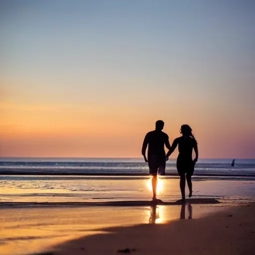 Image similar to Couple walking down a secluded beach during the golden hour quietly contemplating the newfound beauty discovered inside the other person while growing ever more deeply in trust and love between each other.