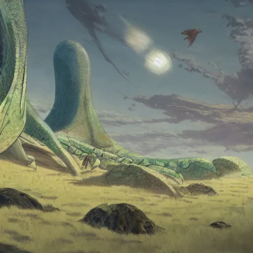 Image similar to concept art painting of prehistoric alien life, detailed, cel shaded, in the style of makoto shinkai and moebius and james gurney