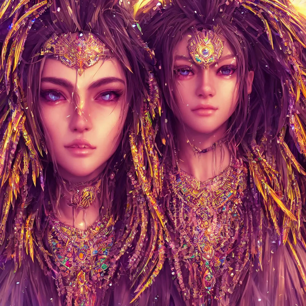 Image similar to close up face portrait highly detailed beautiful symmetrical face high priestess intricate elegant detailed crystal jewellery with tribal feathers, lush colourful volumetric lighting, anime digital painting, concept art, smooth, sharp focus 3 d, divine realm of gods, realistic cinematic style, octane render, photographic, unreal engine 8 k