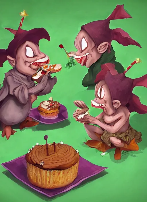 Image similar to fairy tale hobgoblins eating cakes. detailed digital art, trending on Artstation