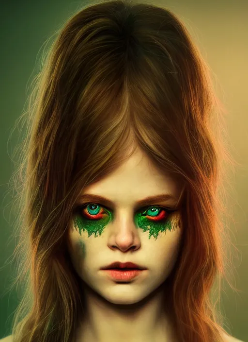 Image similar to portrait of a ominous girl, perfect green eyes, detailed iridescent floral pattern skin, ultra realistic, cinematic lighting, depth of field, artstation, Gottfried Helnwein
