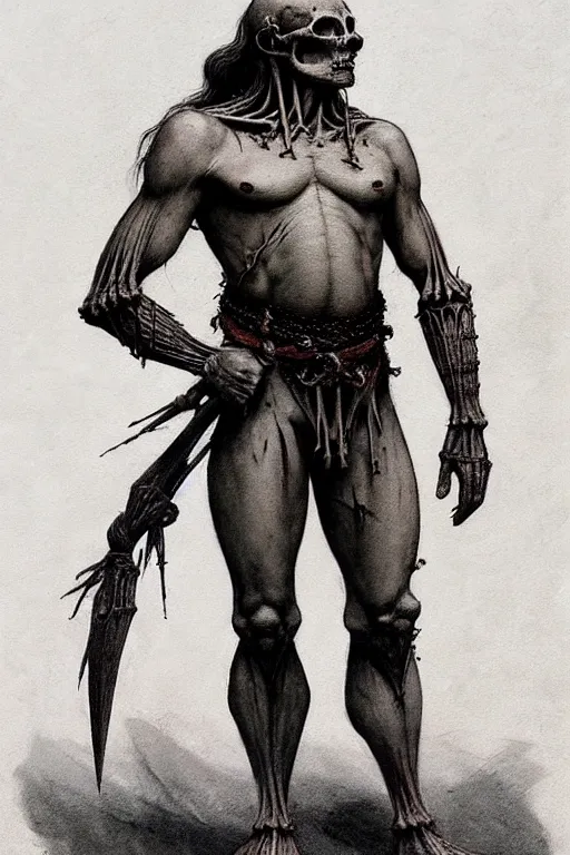 Image similar to character concept art, full view. a large grayskinned covered in scars muscular calm man with black shorn hair. calm face. partially dressed in armor made entirely of bones, long loincloth, thick belt, kneepads. extremely high details, solo, realistic, masterpiece, art by beksinski, arthur rackham, dariusz zawadzki