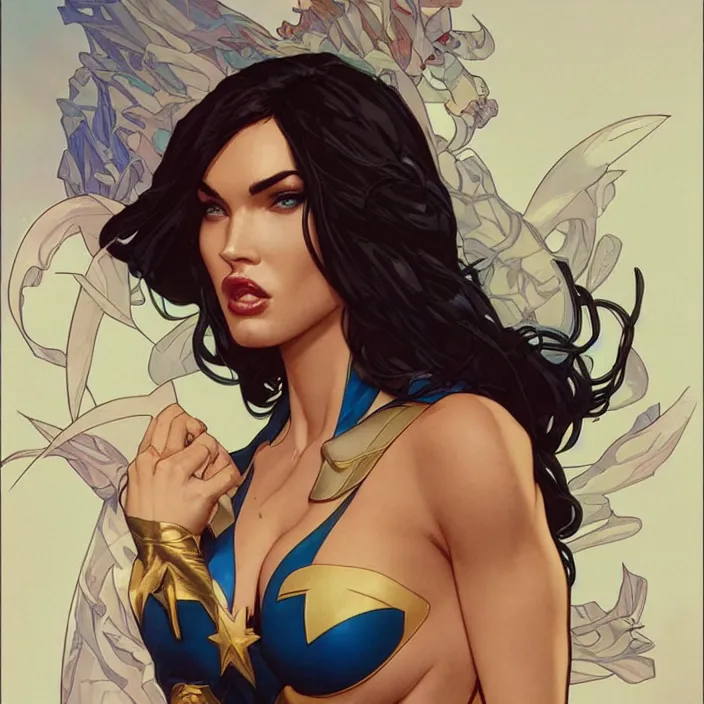 Image similar to megan fox as power girl by artgerm, greg rutkowski, alphonse mucha