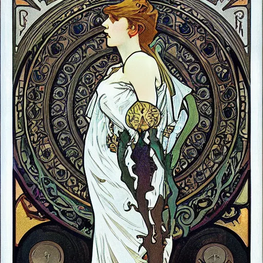 Image similar to lovecraftian protagonist by alphonse mucha