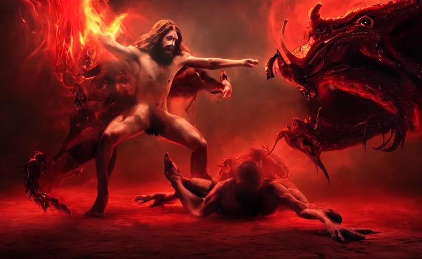 Prompt: hyperrealistic photo of Jesus Christ fighting red-skinned Satan devil demon Lucifer hellspawn in the face on the floor, 8k cinematic, epic fight scene, stunning composition, DSLR focus on the subjects