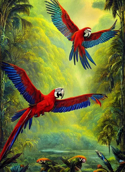 Prompt: a beautiful painting of a macaw flying over the amazon jungle, matte painting, fantasy art, ayahuasca, highly detailed