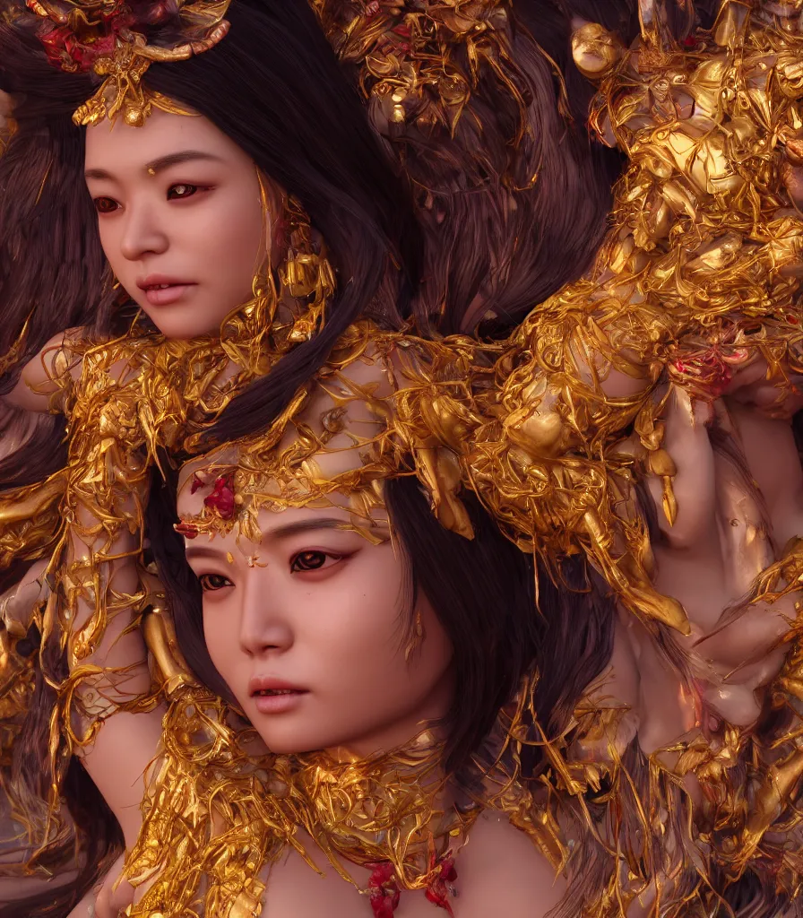 Image similar to closeup photoshoot of asian goddess of bliss and honey, silk flowing in wind, totemic ritualistic tarot sigils embedded in ruby skin, photoreal, unreal engine, redshift render, trending on artstation