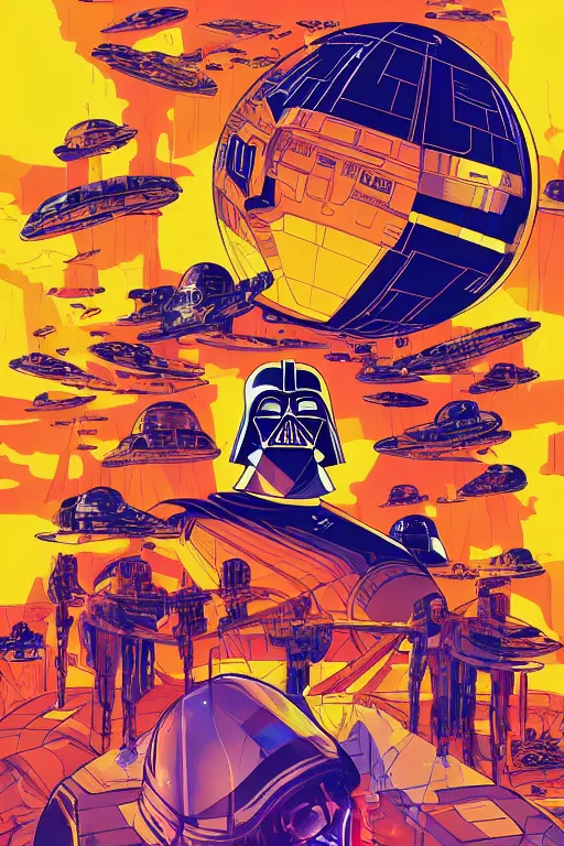 Prompt: the most amazing dream of disc jockey, darth vader science fiction astronauts, syd mead, dan mumford, moebius, hd, vibrant color, high contrast, digital illustration, marvel comicbook cover