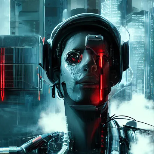 Prompt: concept art of a cyborg, cyberpunk, surrounded by smoke, award-winning art, black on red, hyperrealistic, by Sam Spratt, by Vlad Rodrig﻿u﻿e﻿z, computer screens in the background, trending on Artstation, dark, dramatic, cinematic, realistic studio lighting, realistic reflections, realistic light refractions, raytracing, 4k, professional, canon