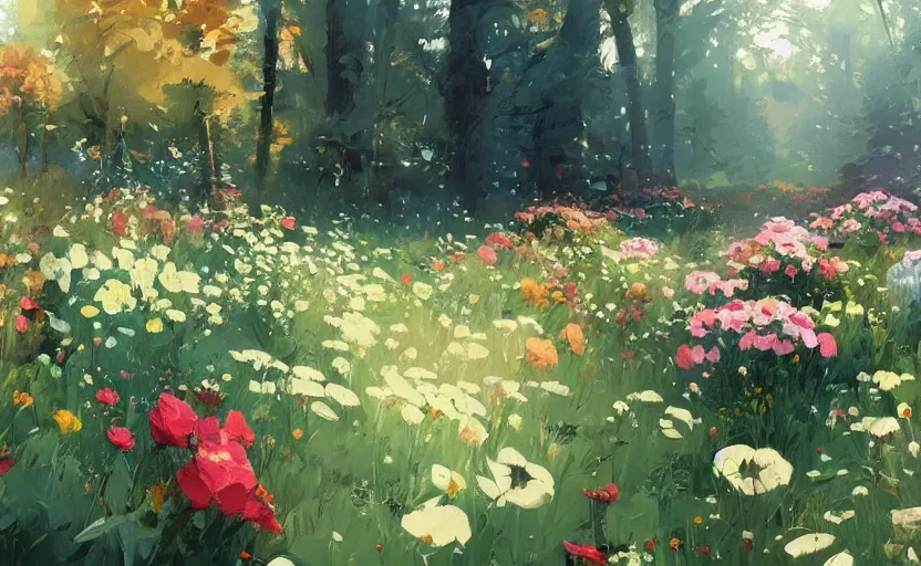 Image similar to cute cozy floral forest game by atey ghailan and michael garmash, plein air