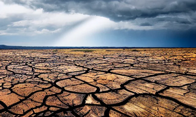 Image similar to panorama of big raindrops floating above a dried up river in a desolate land, dead trees, blue sky, hot and sunny highly-detailed, elegant, dramatic lighting, artstation, 4k, cinematic landscape, photograph by Elisabeth Gadd