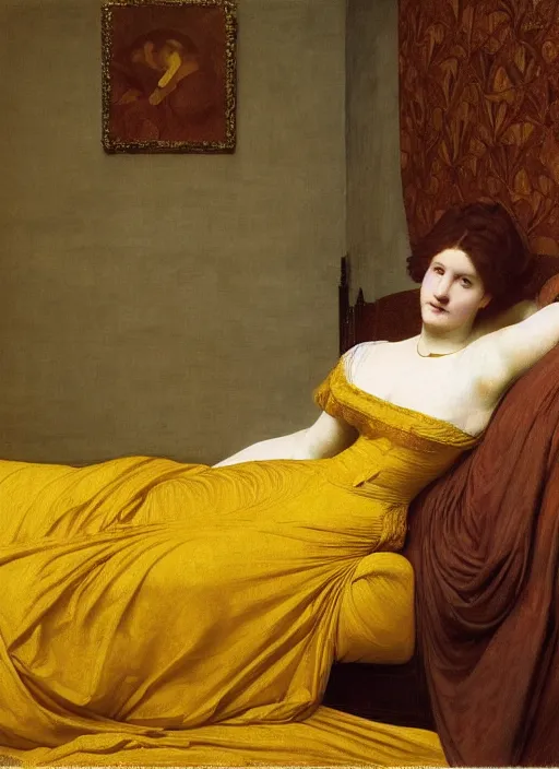 Prompt: masterpiece portrait of lady reclining on bed wearing yellow ochre ornate medieval dress, foreshortening, colour photography by frederic leighton, william morris, 8 k