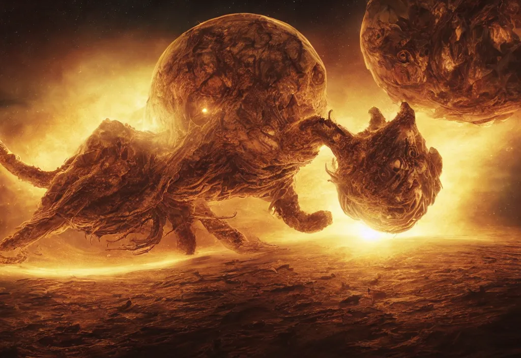 Prompt: eldritch horror bloody garfield in space, hd, 8 k, giant, epic, realistic photo, unreal engine, stars, prophecy, powerful, cinematic lighting, destroyed planet, debris, violent, sinister, ray tracing, dynamic, epic composition, dark, horrific, teeth, grotesque, monochrome drawing, hellscape, death, corpses