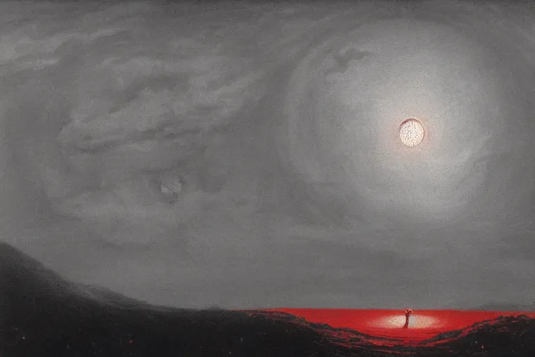 Image similar to a detailed landscape, demonic sky with glowing red snake eyes by Zdzisław Beksiński