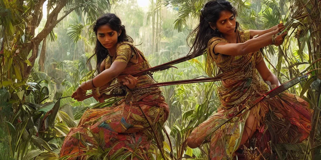 Image similar to sri lankan woman warrior weaving fabric in the jungle, intricate, elegant, highly detailed, digital painting, artstation, concept art, smooth, sharp focus, illustration, art by artgerm and greg rutkowski and alphonse mucha