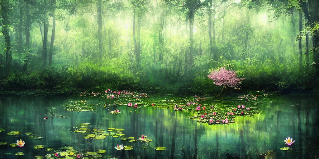 Image similar to a mirror like pond, by springtime flowers and foliage in full bloom, lotus flowers on the water, dark foggy forest background, sunlight filtering through the trees, digital art, art station